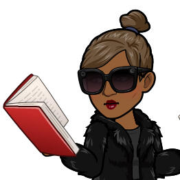 bitmoji of woman with top bun, sunglasses, black fur collar, reading a red book